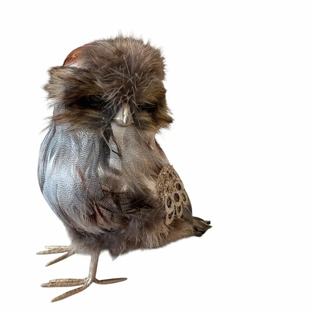 Set of 2 Feathered Owl Figurines 9.5in Chic Fall Decor by Mrs. Alice NEW